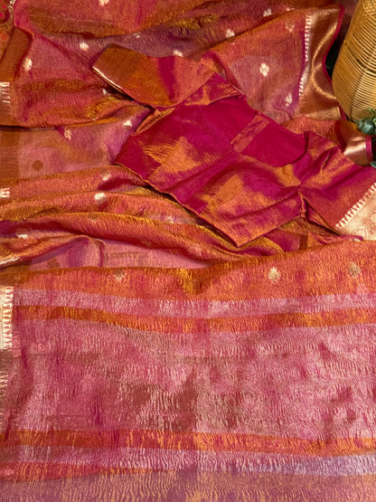 Crush Tissue Saree in Pinkish Orange with Ornate Border and Tailored Blouse