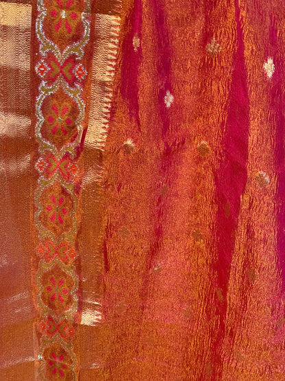 Crush Tissue Saree in Pinkish Orange with Ornate Border and Tailored Blouse