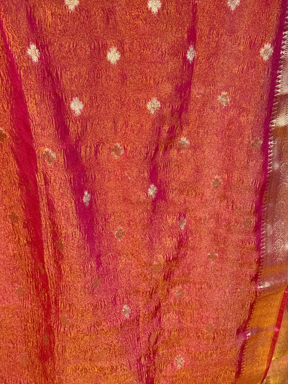 Crush Tissue Saree in Pinkish Orange with Ornate Border and Tailored Blouse