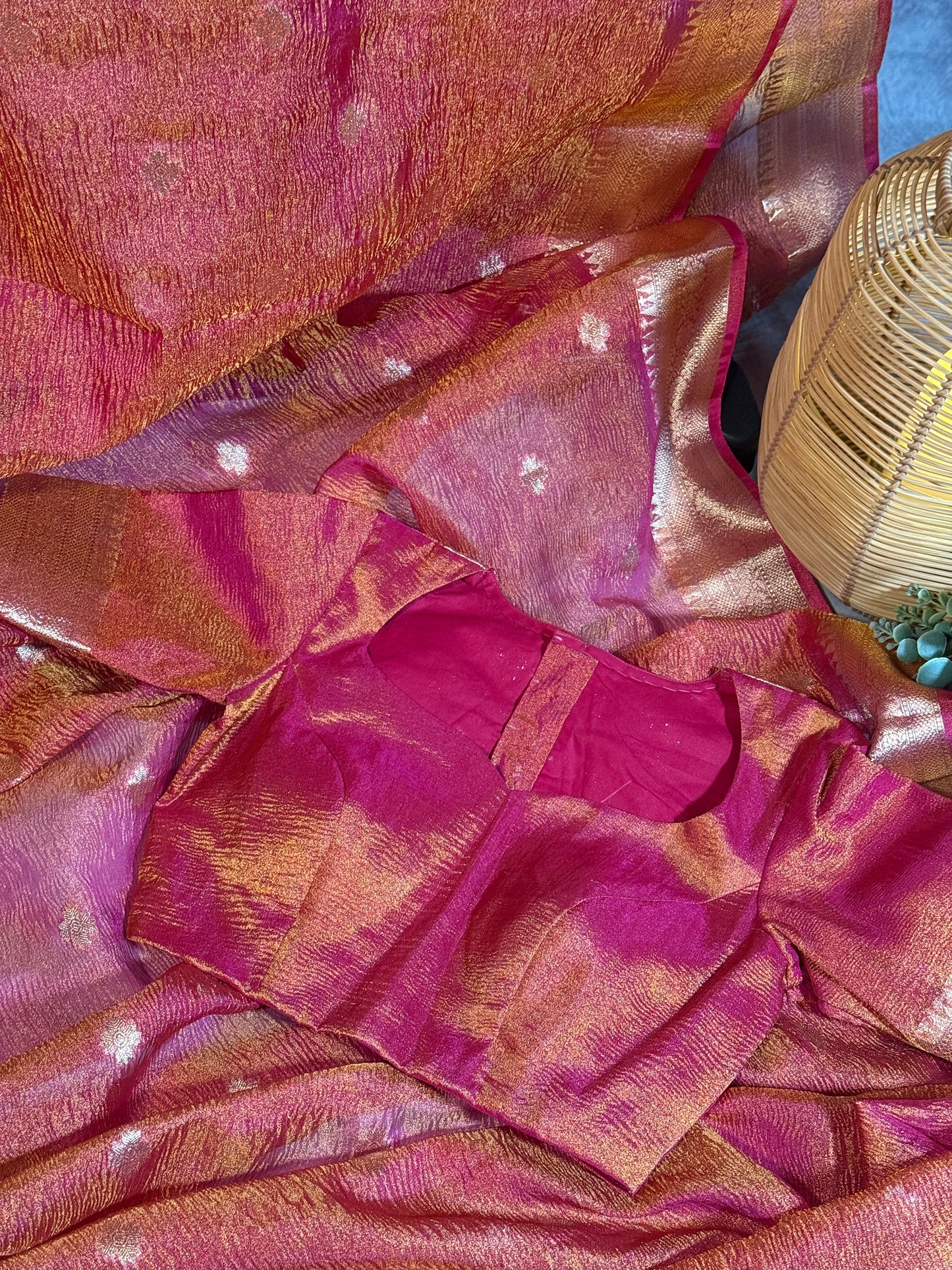 Crush Tissue Saree in Pinkish Orange with Ornate Border and Tailored Blouse
