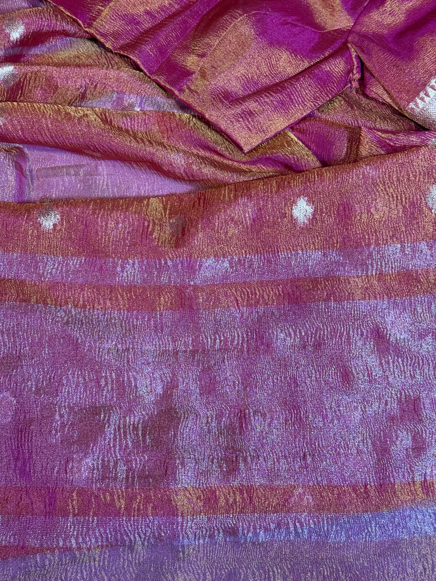 Crush Tissue Saree in Pinkish Orange with Ornate Border and Tailored Blouse