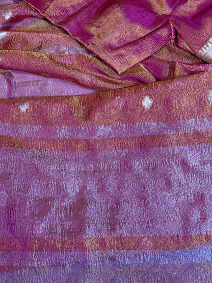 Crush Tissue Saree in Pinkish Orange with Ornate Border and Tailored Blouse