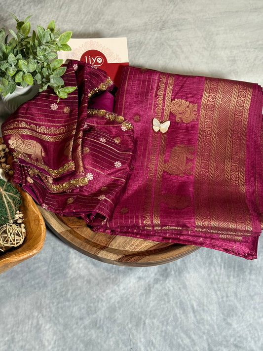 Magenta Designer Saree with Rich Zari Border and Stitched Blouse