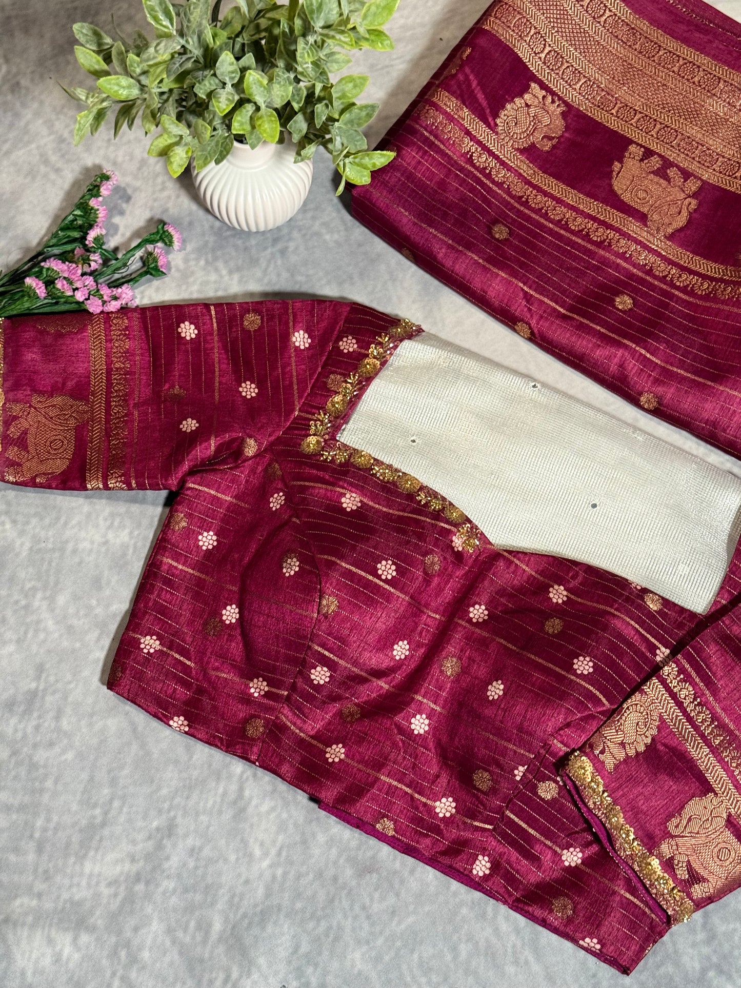 Magenta Designer Saree with Rich Zari Border and Stitched Blouse