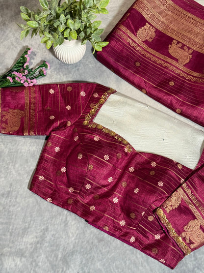 Magenta Designer Saree with Rich Zari Border and Stitched Blouse