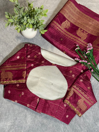 Magenta Designer Saree with Rich Zari Border and Stitched Blouse