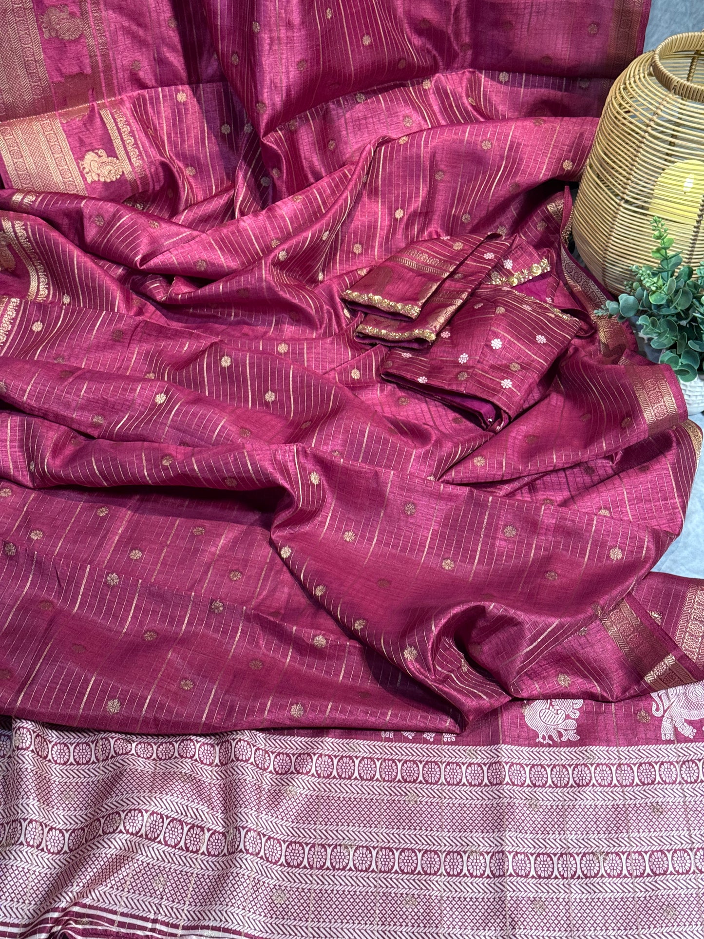 Magenta Designer Saree with Rich Zari Border and Stitched Blouse