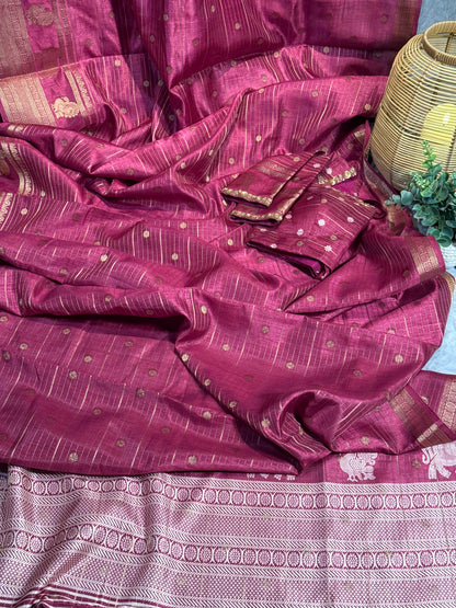 Magenta Designer Saree with Rich Zari Border and Stitched Blouse