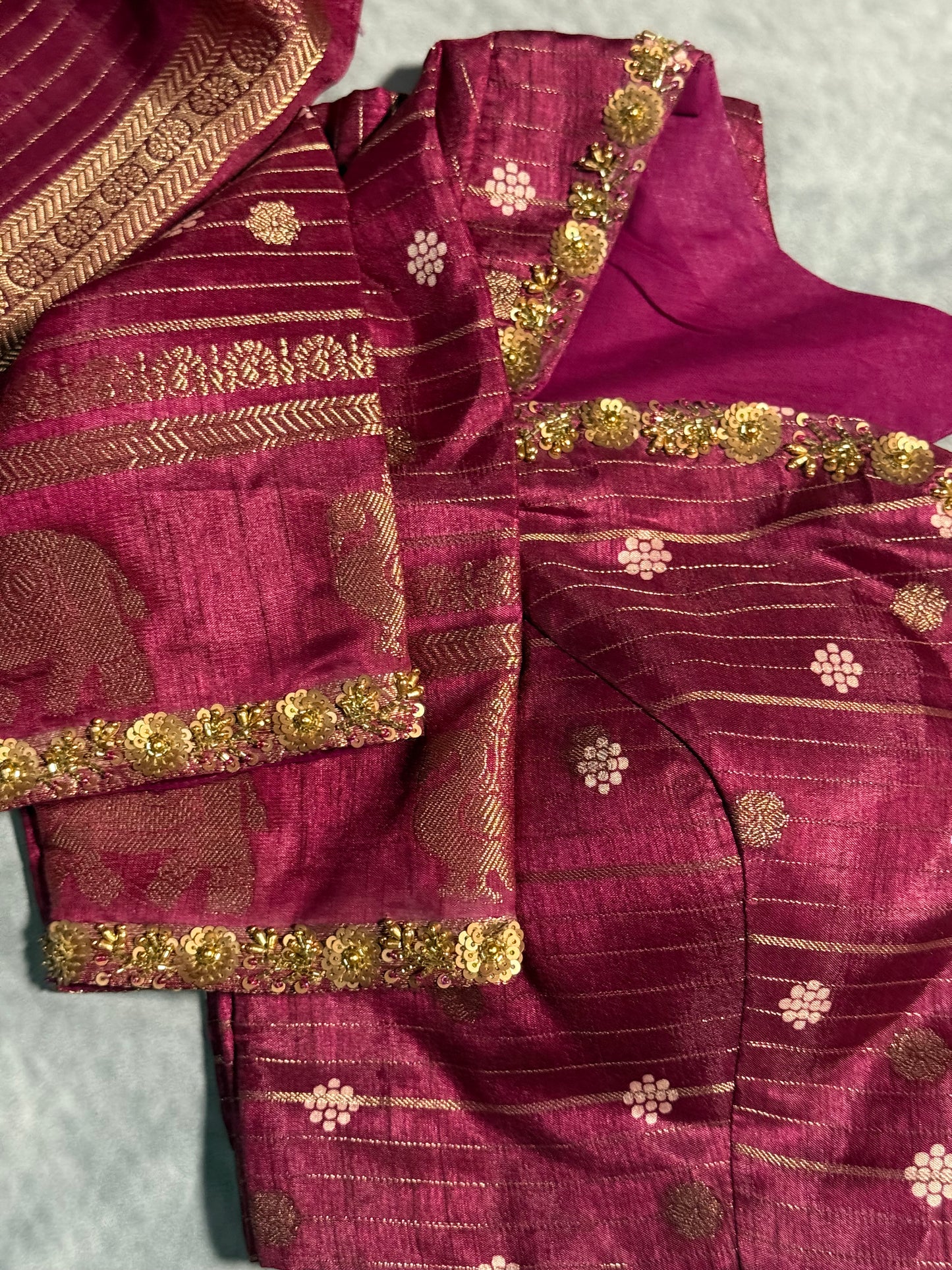 Magenta Designer Saree with Rich Zari Border and Stitched Blouse