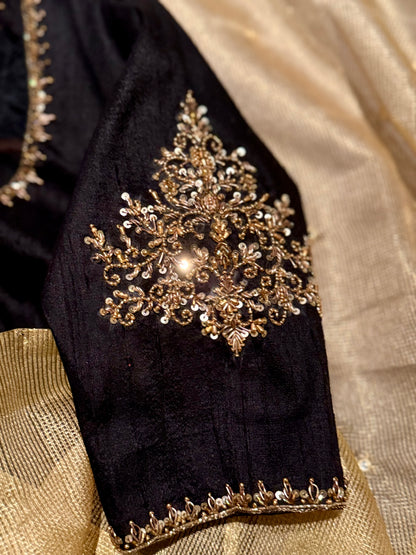 Designer Raw Silk Blouse with Rich Embroidery and Organza Fusion Neckline