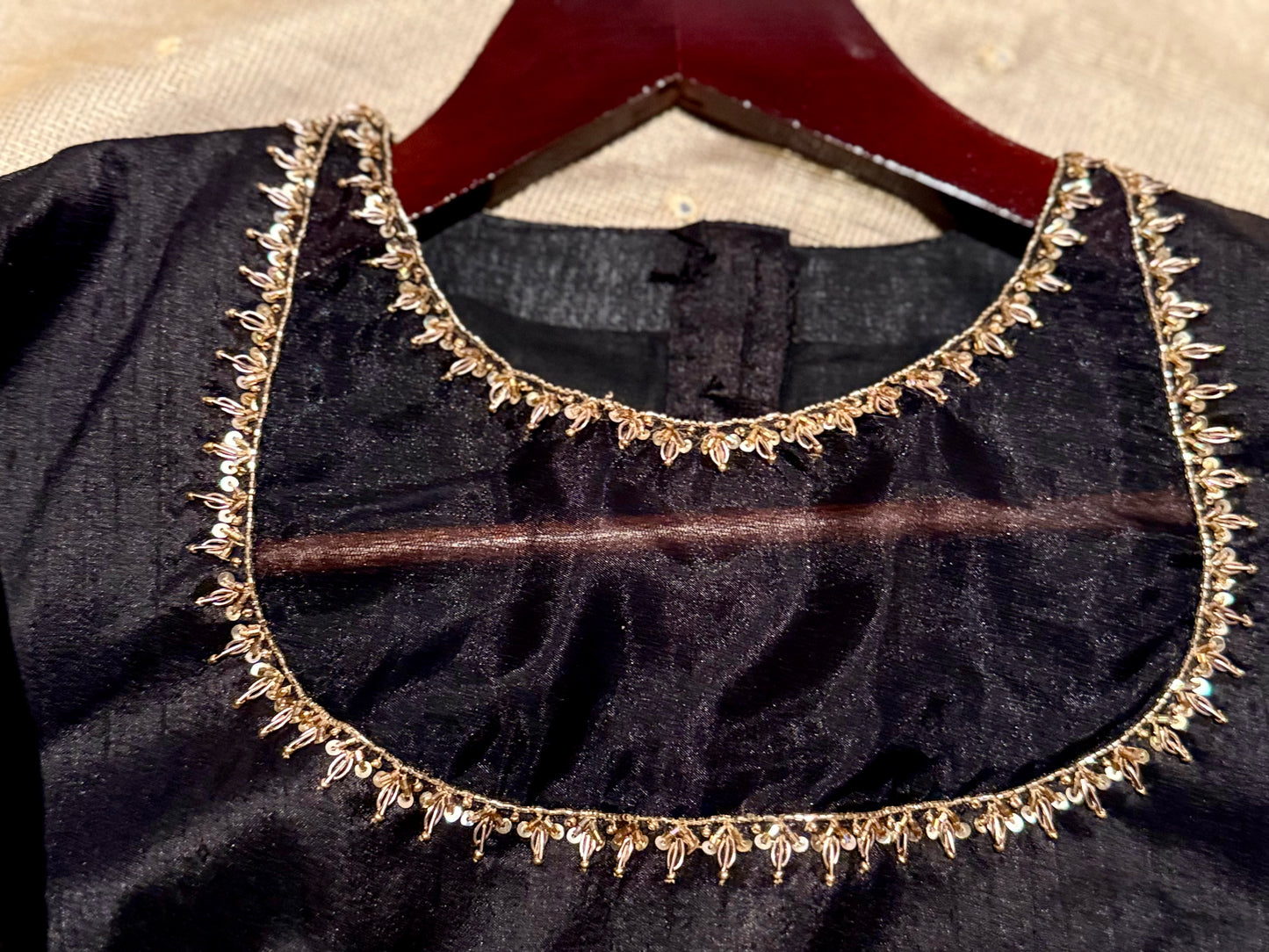 Designer Raw Silk Blouse with Rich Embroidery and Organza Fusion Neckline