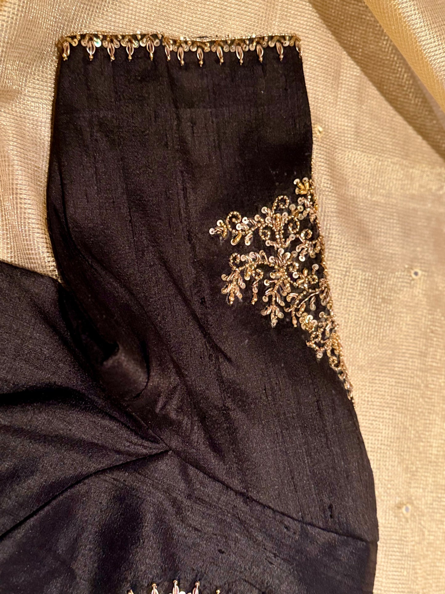 Designer Raw Silk Blouse with Rich Embroidery and Organza Fusion Neckline