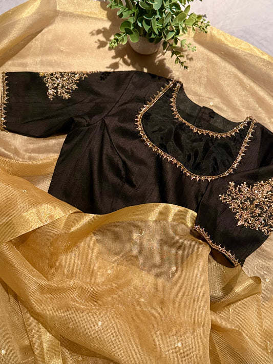 Designer Raw Silk Blouse with Rich Embroidery and Organza Fusion Neckline