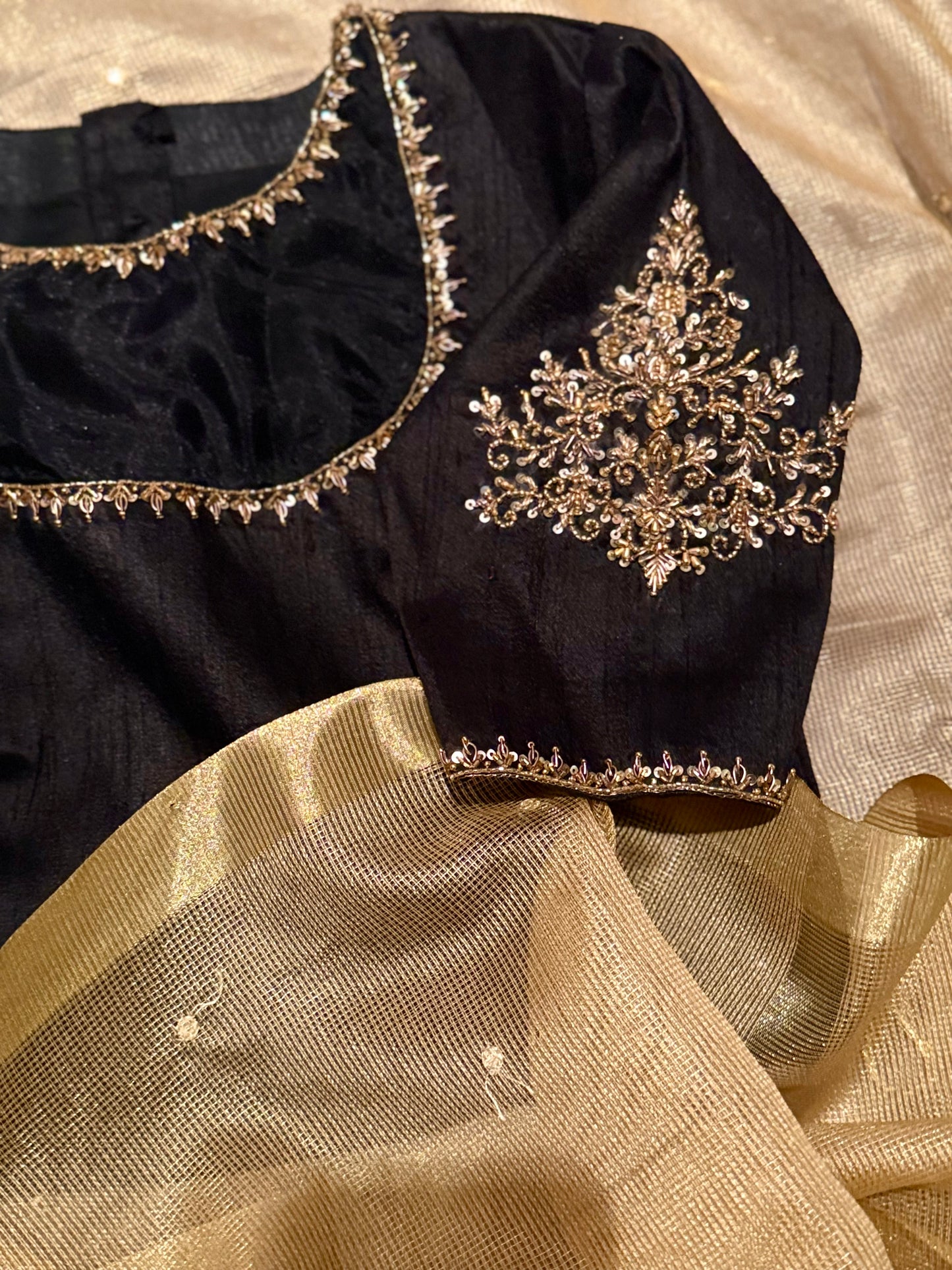Designer Raw Silk Blouse with Rich Embroidery and Organza Fusion Neckline