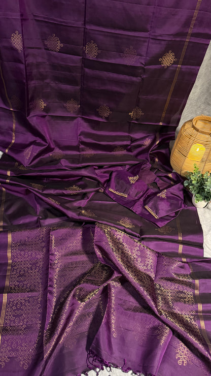 Elegant Violet Soft Silk Saree Featuring Kolam Design with Ready Stitched Blouse