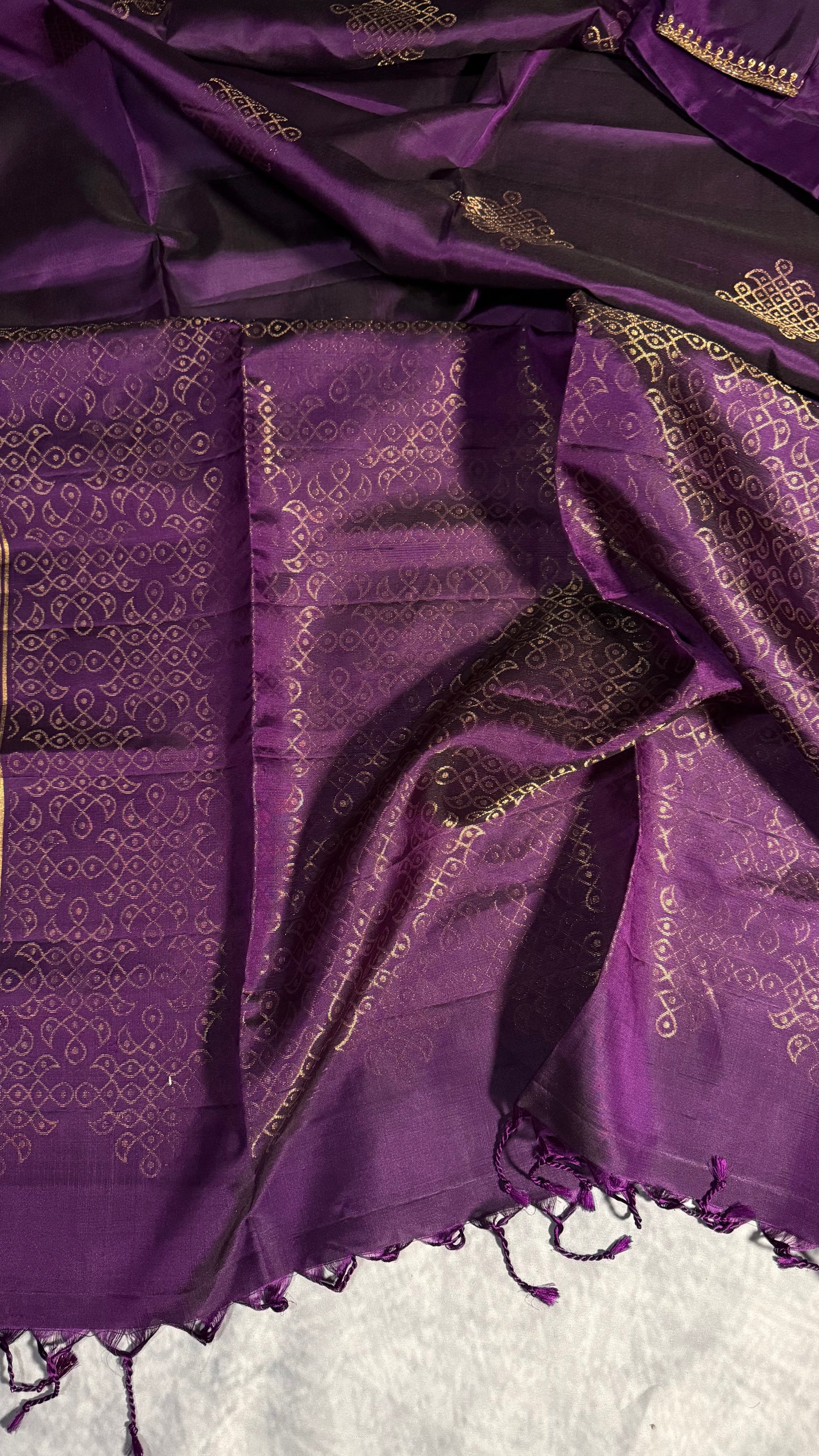 Elegant Violet Soft Silk Saree Featuring Kolam Design with Ready Stitched Blouse