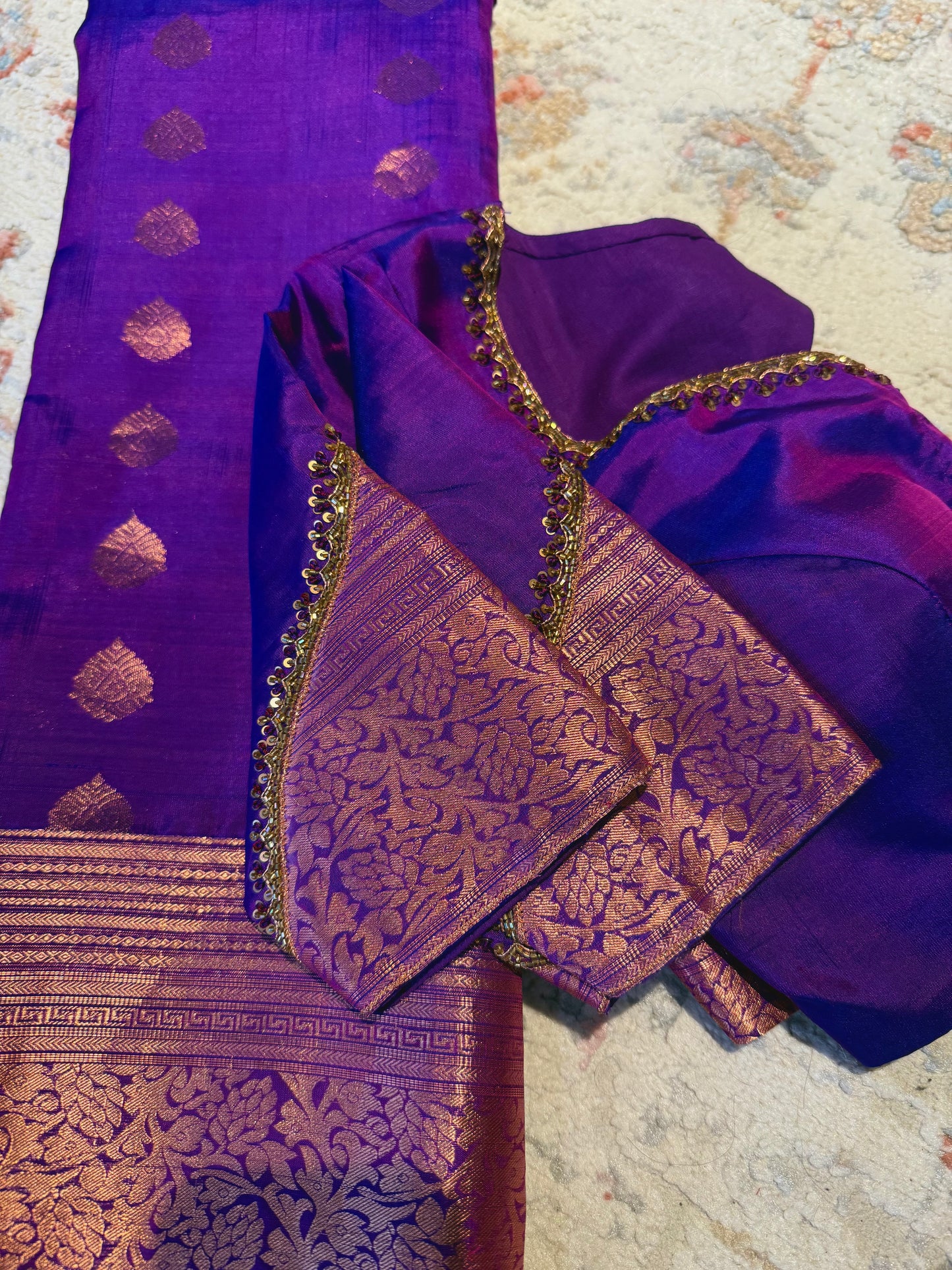 Purple Kanchipuram Silk Saree with Copper Zari Border & Pallu and Embroidered Stitched Blouse