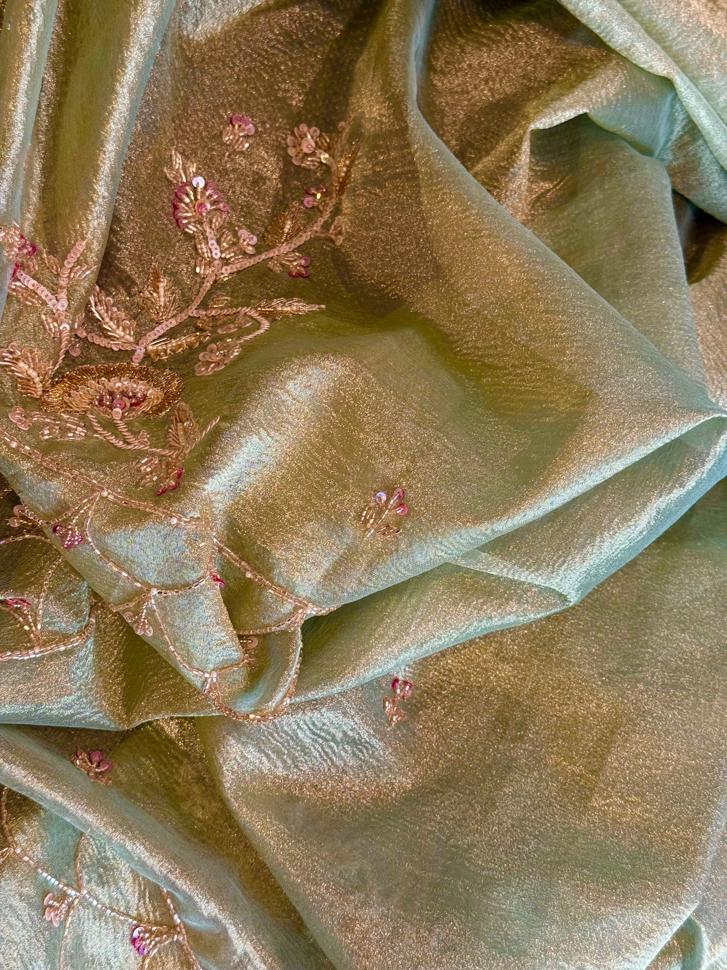 Luxury Pista Green Crushed Tissue Silk Saree with Gold Hand Embroidery and Ready-to-Wear Blouse