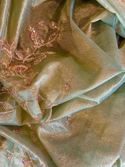 Luxury Pista Green Crushed Tissue Silk Saree with Gold Hand Embroidery and Ready-to-Wear Blouse