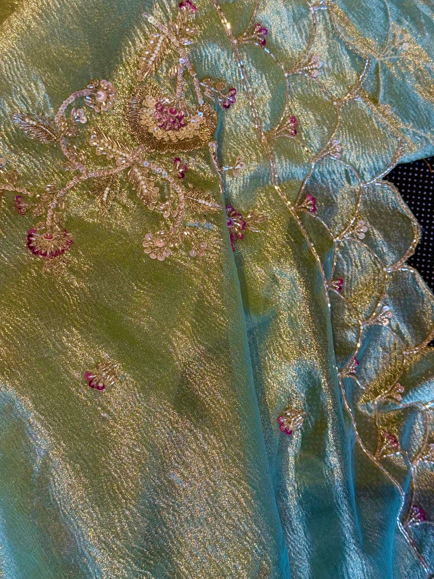 Luxury Pista Green Crushed Tissue Silk Saree with Gold Hand Embroidery and Ready-to-Wear Blouse