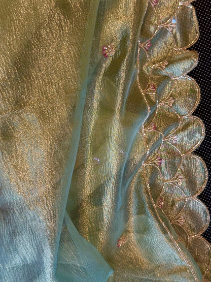 Luxury Pista Green Crushed Tissue Silk Saree with Gold Hand Embroidery and Ready-to-Wear Blouse