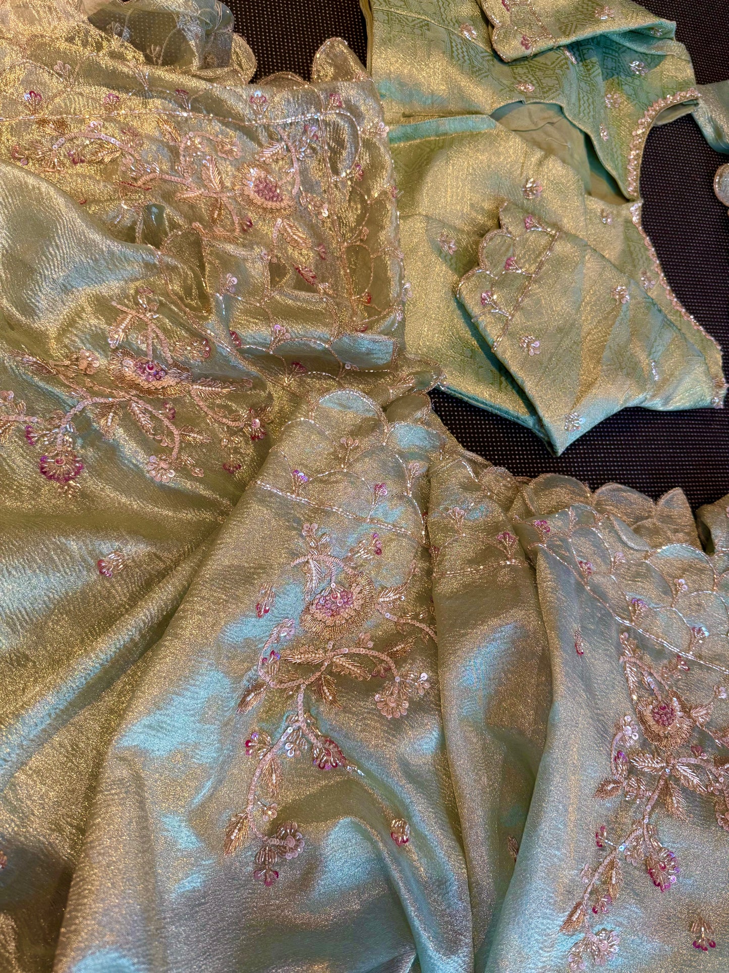 Luxury Pista Green Crushed Tissue Silk Saree with Gold Hand Embroidery and Ready-to-Wear Blouse