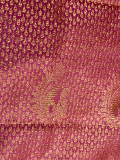 Luxury Pink Kanchipuram Silk Saree with Gold Zari Borders and Embroidered Stitched Blouse