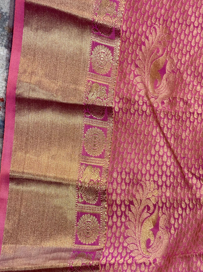 Luxury Pink Kanchipuram Silk Saree with Gold Zari Borders and Embroidered Stitched Blouse