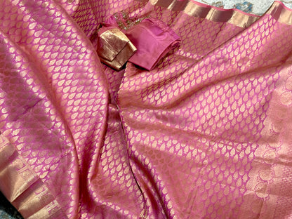 Luxury Pink Kanchipuram Silk Saree with Gold Zari Borders and Embroidered Stitched Blouse