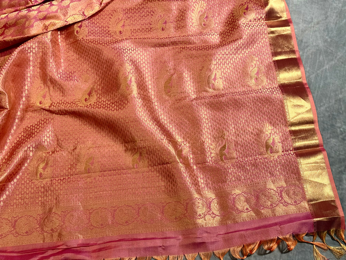 Luxury Pink Kanchipuram Silk Saree with Gold Zari Borders and Embroidered Stitched Blouse