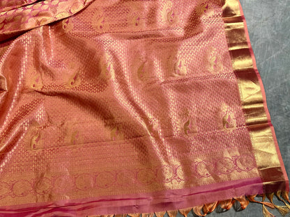 Luxury Pink Kanchipuram Silk Saree with Gold Zari Borders and Embroidered Stitched Blouse