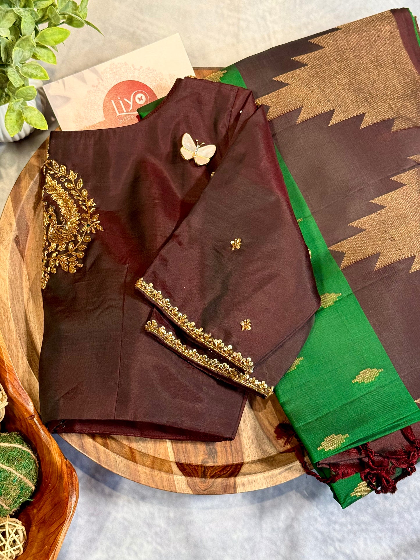 Green Soft Silk Saree with Rich Brown Border and Stitched Blouse
