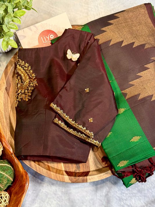 Green Soft Silk Saree with Rich Brown Border and Stitched Blouse