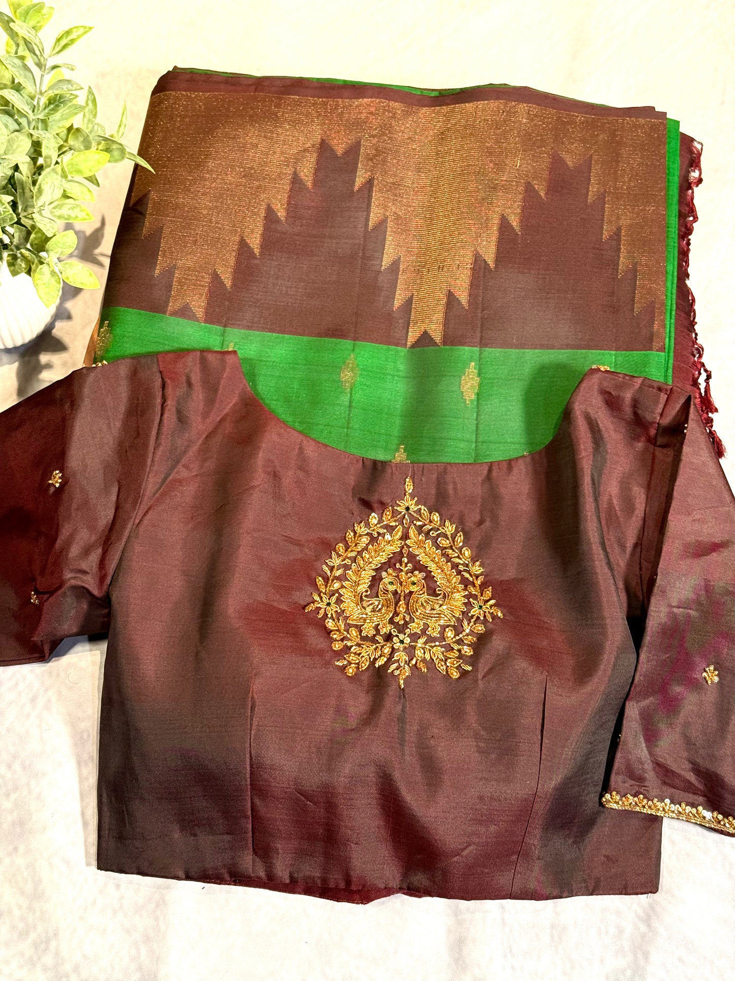 Green Soft Silk Saree with Rich Brown Border and Stitched Blouse