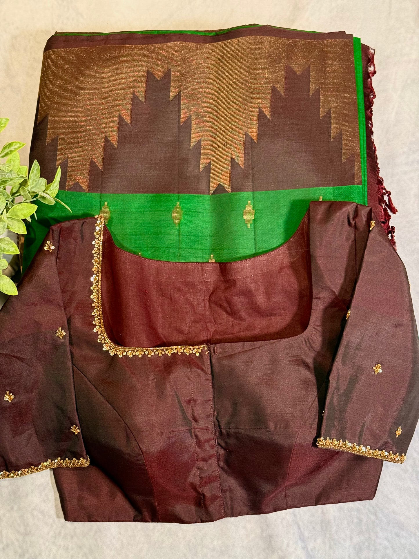 Green Soft Silk Saree with Rich Brown Border and Stitched Blouse