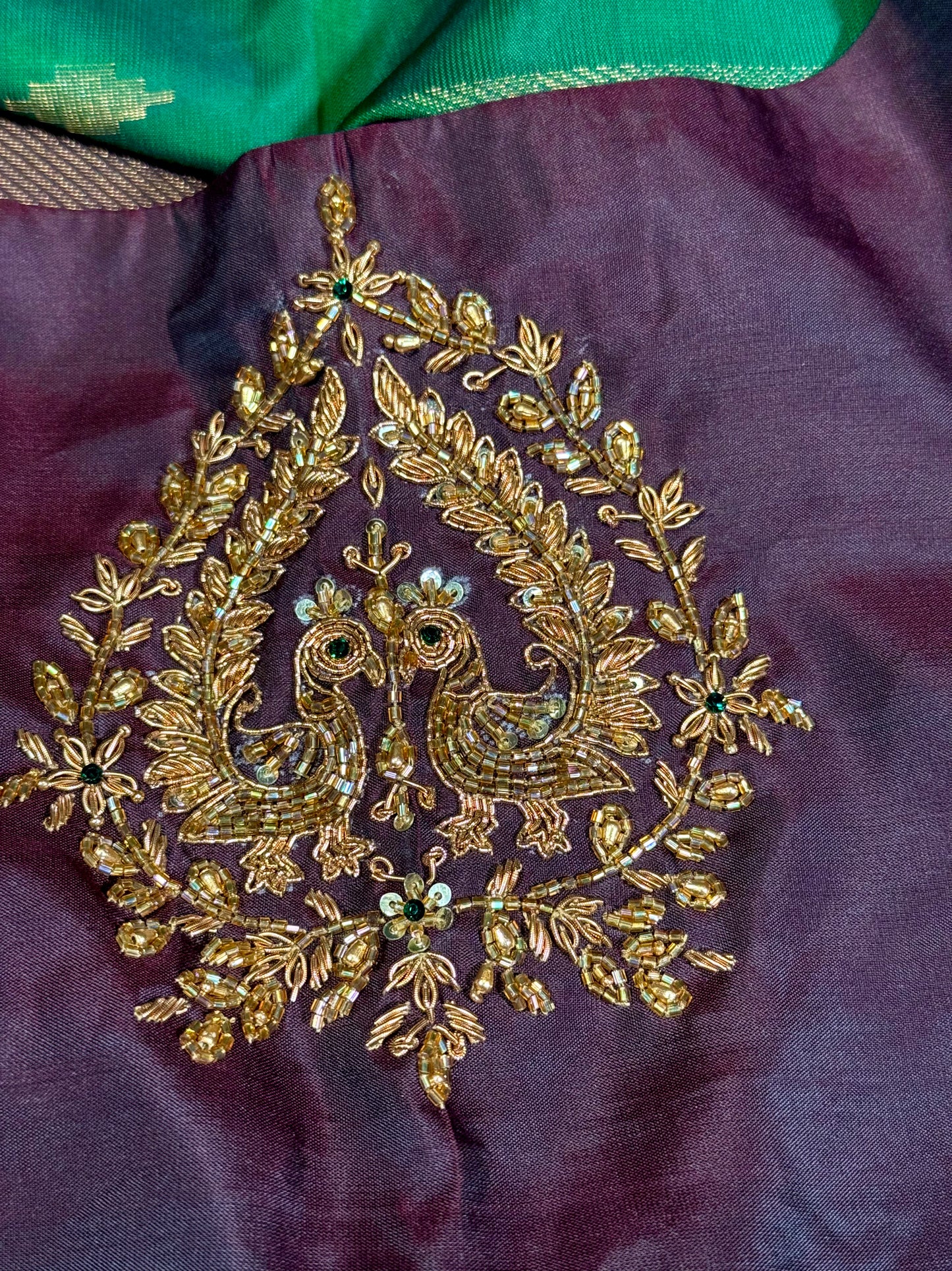 Green Soft Silk Saree with Rich Brown Border and Stitched Blouse