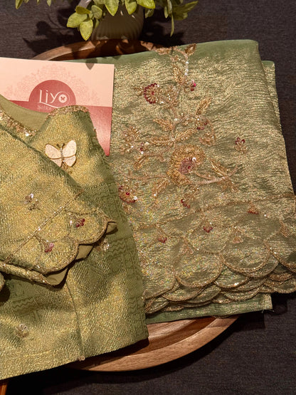 Luxury Pista Green Crushed Tissue Silk Saree with Gold Hand Embroidery and Ready-to-Wear Blouse