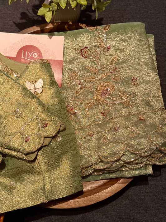 Luxury Pista Green Crushed Tissue Silk Saree with Gold Hand Embroidery and Ready-to-Wear Blouse