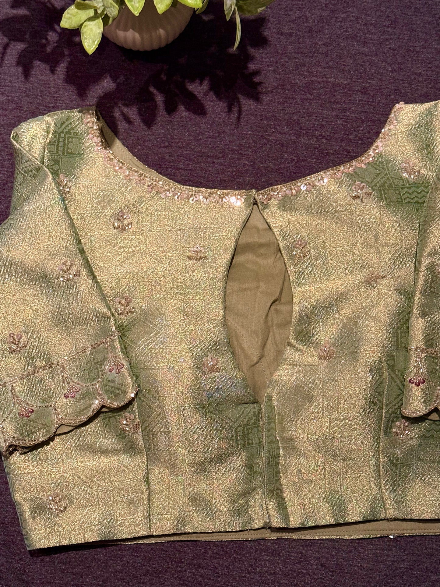 Luxury Pista Green Crushed Tissue Silk Saree with Gold Hand Embroidery and Ready-to-Wear Blouse