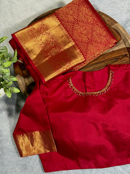 Maroon Kanjivaram Silk Saree with Intricate Zari Work and Stitched Blouse