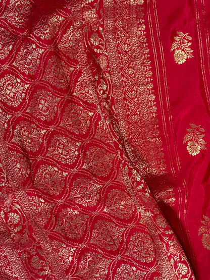 Red Designer Saree with Golden Zari Border and Stitched Blouse