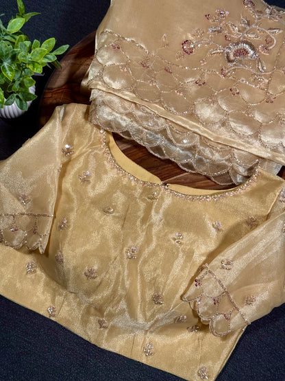 Luxury Gold Yellow Organza Silk Saree with Hand Embroidery Work and Ready-to-Wear Blouse