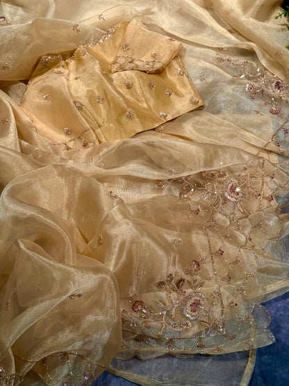 Luxury Gold Yellow Organza Silk Saree with Hand Embroidery Work and Ready-to-Wear Blouse