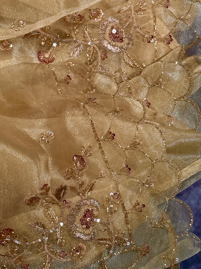 Luxury Gold Yellow Organza Silk Saree with Hand Embroidery Work and Ready-to-Wear Blouse