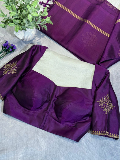 Elegant Violet Soft Silk Saree Featuring Kolam Design with Ready Stitched Blouse