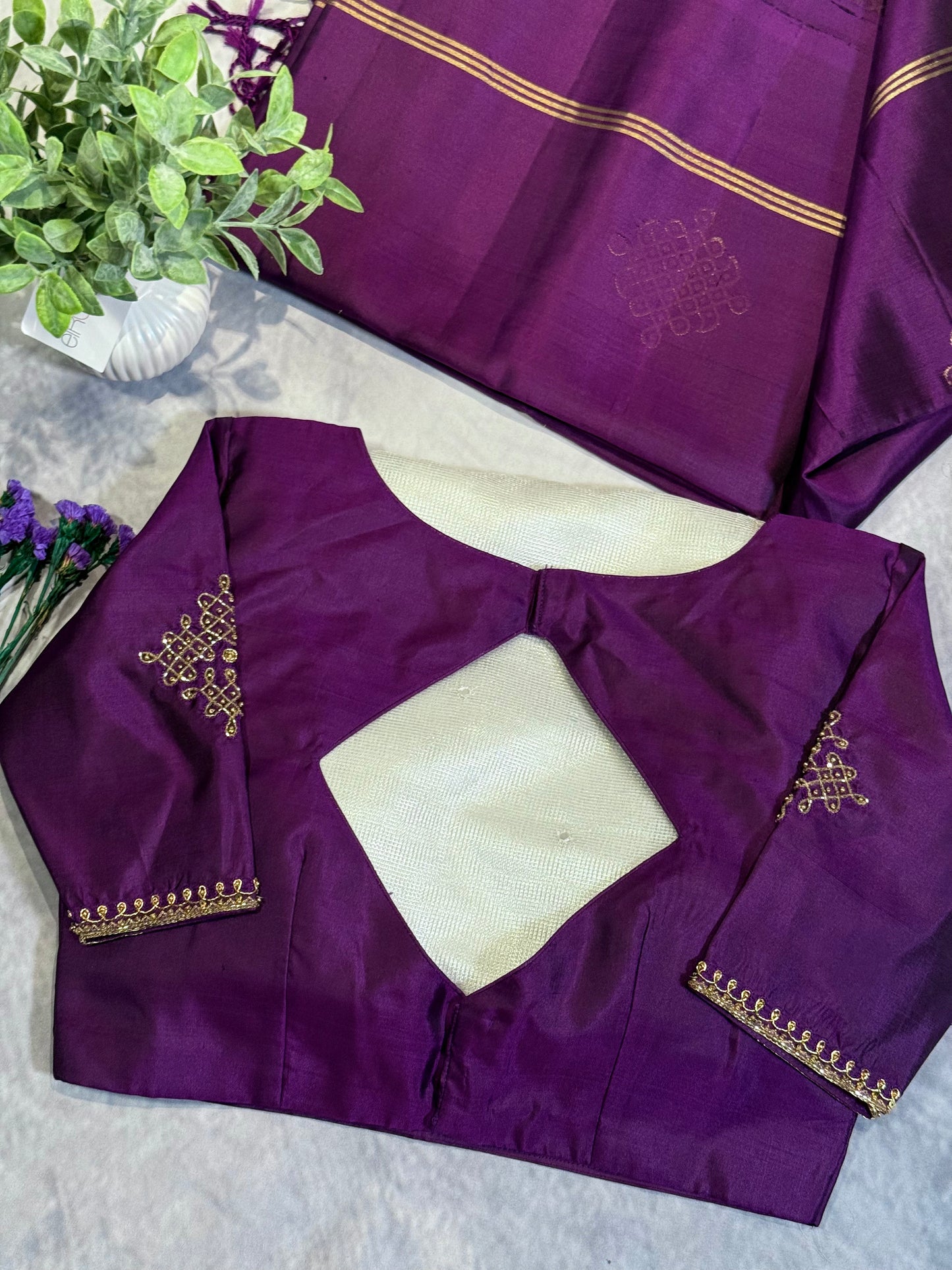 Elegant Violet Soft Silk Saree Featuring Kolam Design with Ready Stitched Blouse