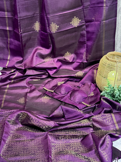Elegant Violet Soft Silk Saree Featuring Kolam Design with Ready Stitched Blouse