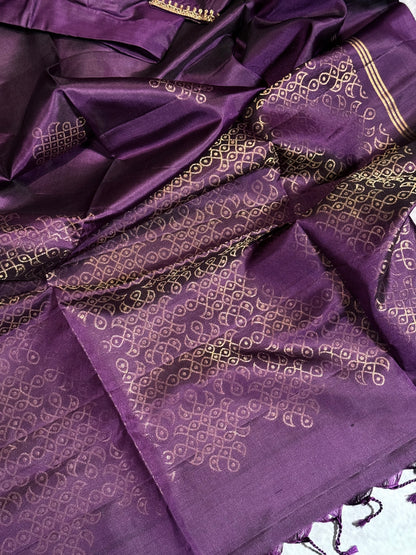 Elegant Violet Soft Silk Saree Featuring Kolam Design with Ready Stitched Blouse