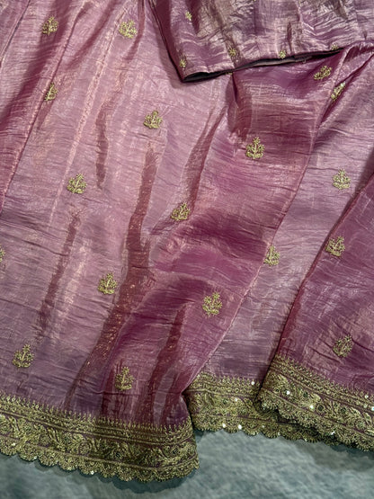 Party Wear Purple Saree with Stunning Silver Embroidery Border and Stitched Blouse
