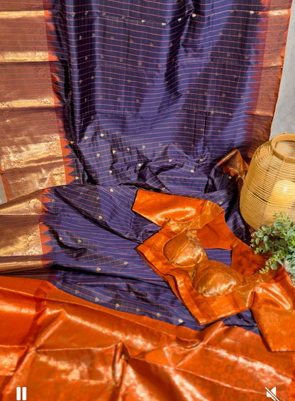 Navy Blue Semi Gadwal Silk Saree with Ornate Orange Border and Pallu, Comes with Stitched Blouse